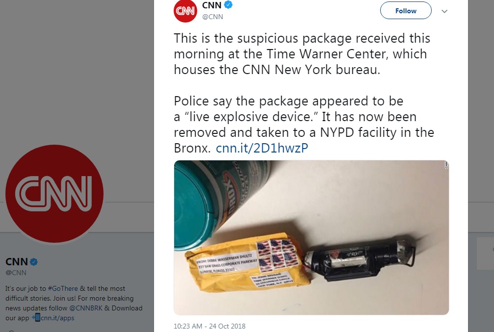 Envían bombas atacan a demócratas y a CNN dos semanas antes de elecciones congresionales.
