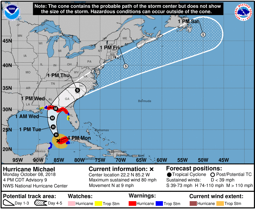 Trayectoria proyectada del huracán categoría 1, Michael, actualizada a las 5 pm ET, (NOAA).